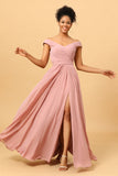 Dusty Rose Ruffles Floor Length Chiffon Bridesmaid Dress with Slit