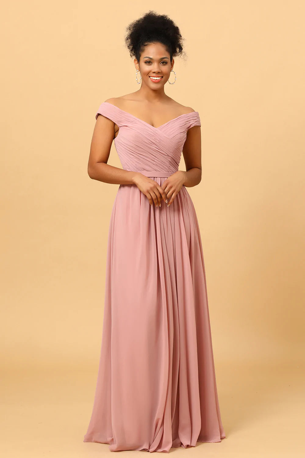 Dusty Rose Ruffles Floor Length Chiffon Bridesmaid Dress with Slit