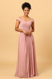 Dusty Rose Ruffles Floor Length Chiffon Bridesmaid Dress with Slit