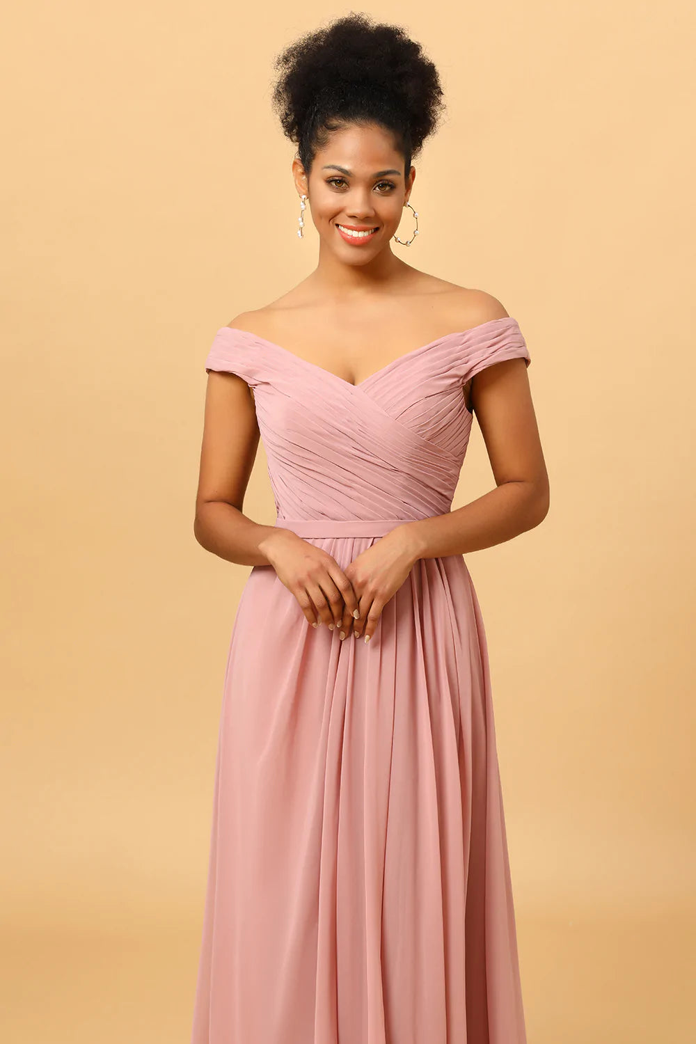Dusty Rose Ruffles Floor Length Chiffon Bridesmaid Dress with Slit