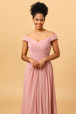 Dusty Rose Ruffles Floor Length Chiffon Bridesmaid Dress with Slit