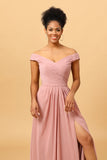 Dusty Rose Ruffles Floor Length Chiffon Bridesmaid Dress with Slit
