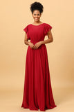 Chiffon Long Burgundy Bridesmaid Dress with Ruffles Sleeves