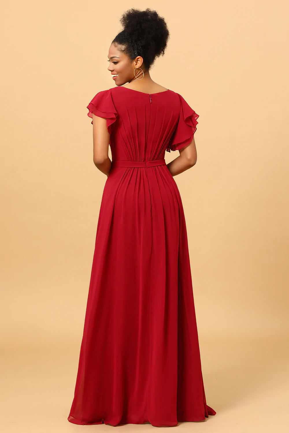 Chiffon Long Burgundy Bridesmaid Dress with Ruffles Sleeves
