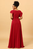 Chiffon Long Burgundy Bridesmaid Dress with Ruffles Sleeves