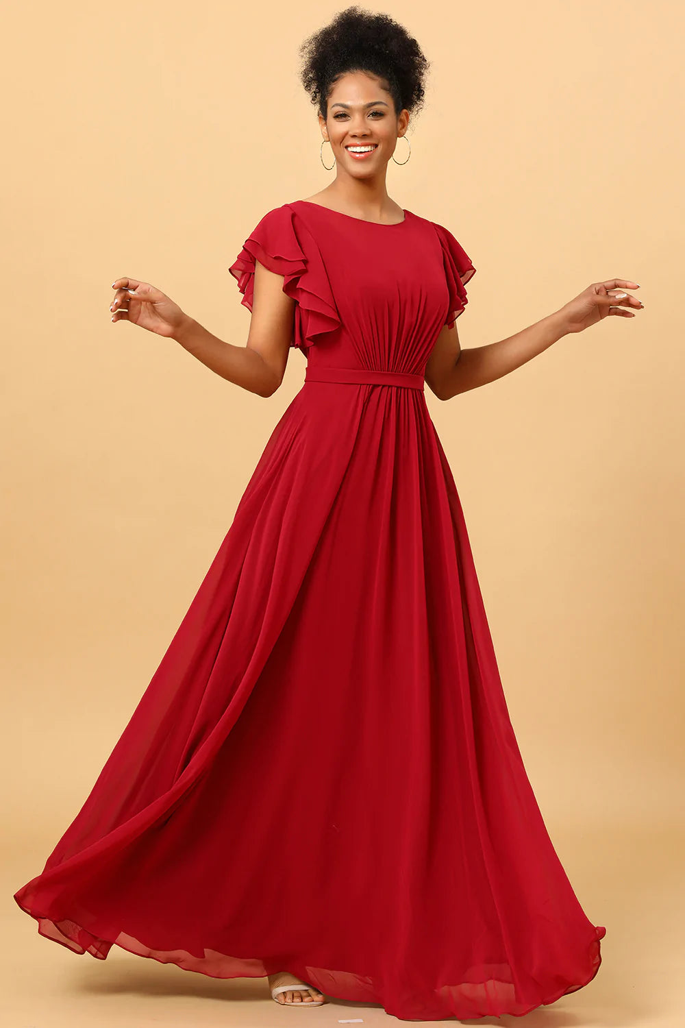 Chiffon Long Burgundy Bridesmaid Dress with Ruffles Sleeves