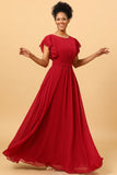 Chiffon Long Burgundy Bridesmaid Dress with Ruffles Sleeves