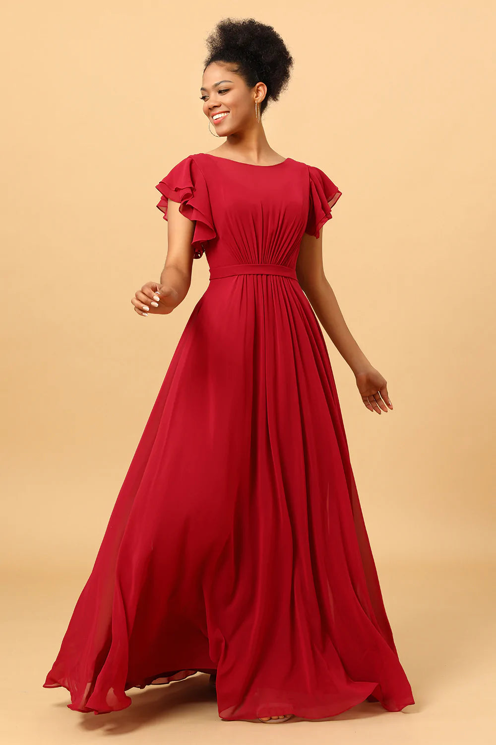 Chiffon Long Burgundy Bridesmaid Dress with Ruffles Sleeves