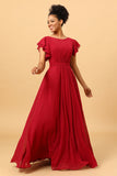 Chiffon Long Burgundy Bridesmaid Dress with Ruffles Sleeves