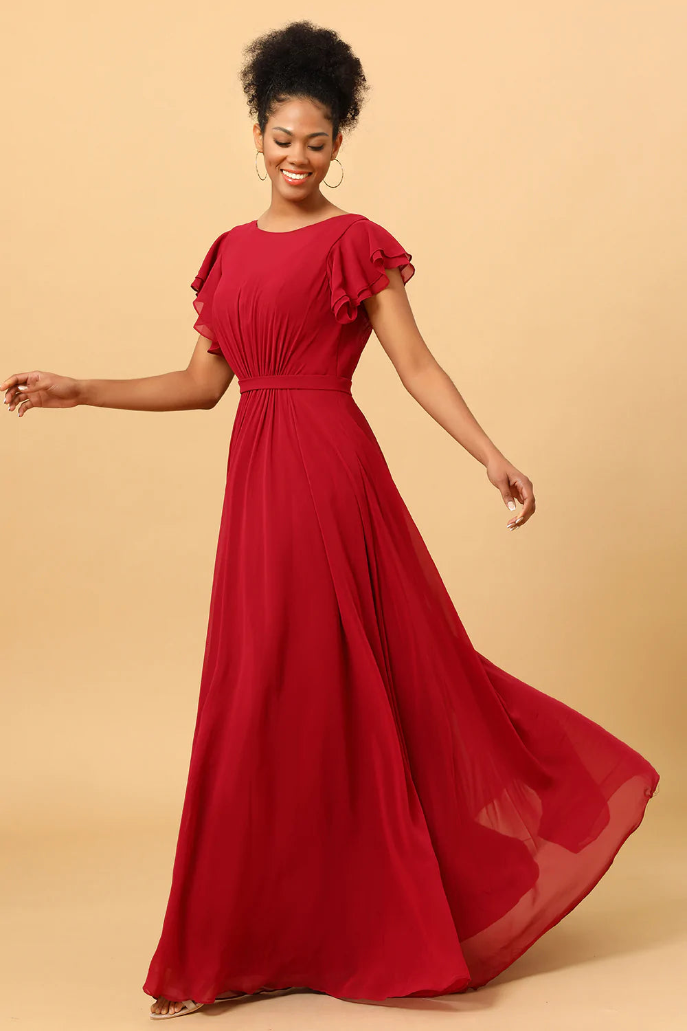 Chiffon Long Burgundy Bridesmaid Dress with Ruffles Sleeves