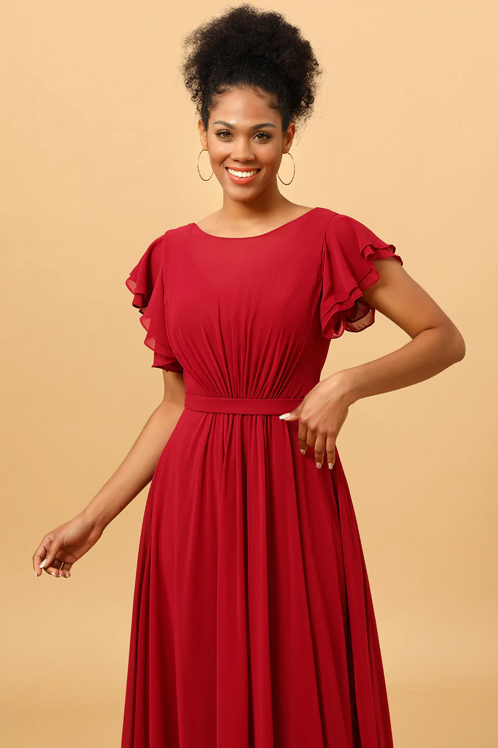 Chiffon Long Burgundy Bridesmaid Dress with Ruffles Sleeves