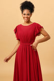 Chiffon Long Burgundy Bridesmaid Dress with Ruffles Sleeves