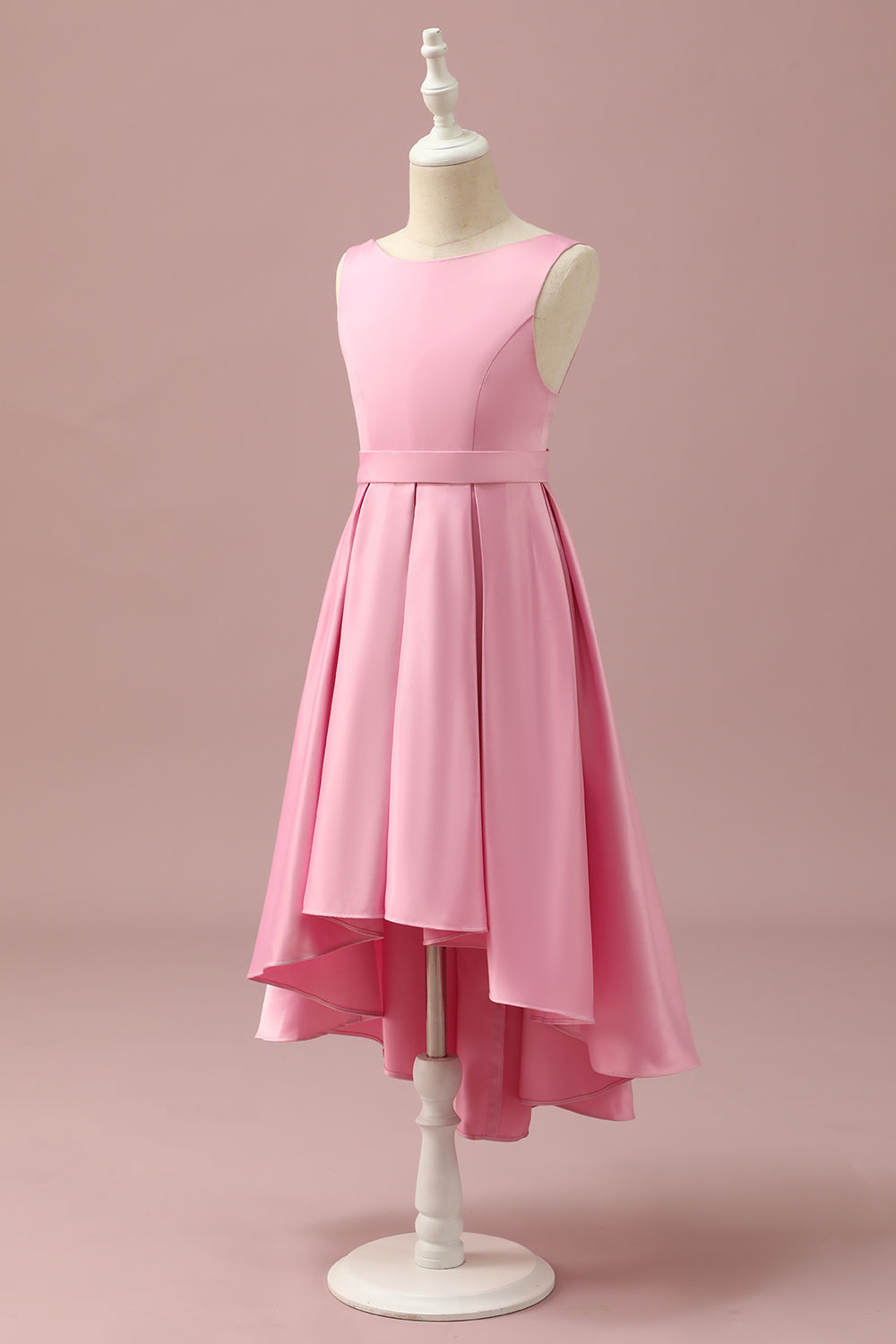 Pink High Low Floor Length Satin Junior Bridesmaid Dress