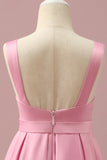 Pink High Low Floor Length Satin Junior Bridesmaid Dress