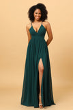Chiffon Spaghetti Straps Pine Bridesmaid Dress with Slit