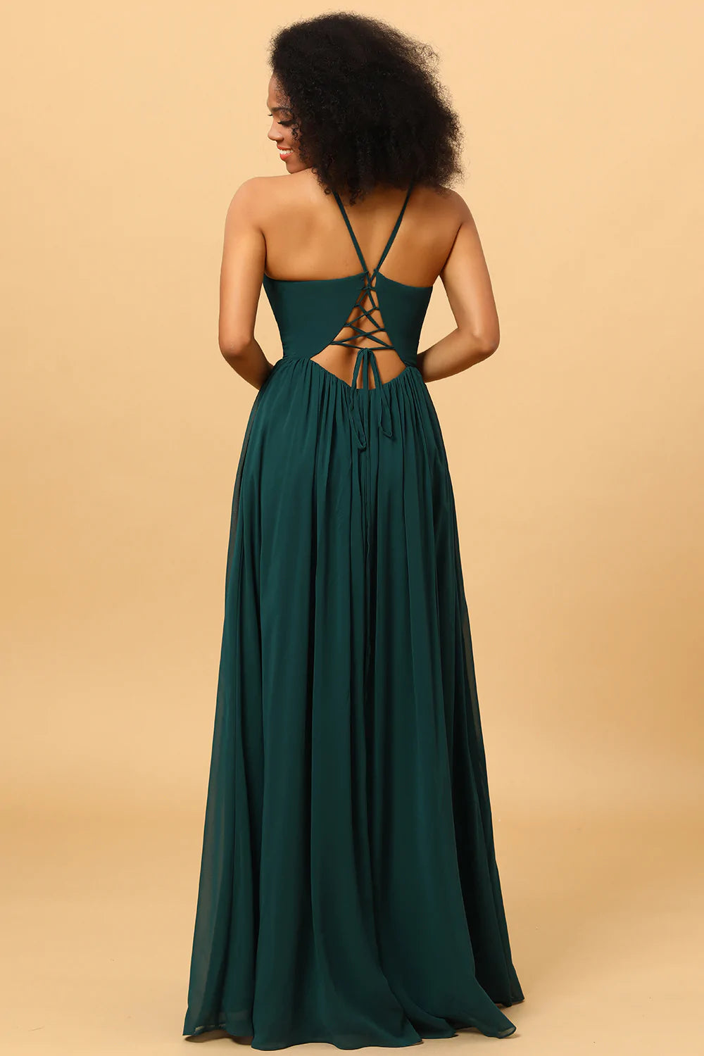 Chiffon Spaghetti Straps Pine Bridesmaid Dress with Slit