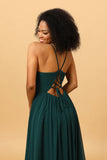 Chiffon Spaghetti Straps Pine Bridesmaid Dress with Slit