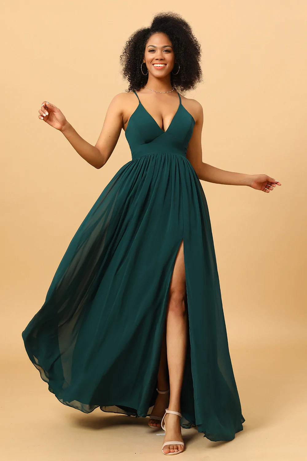 Chiffon Spaghetti Straps Pine Bridesmaid Dress with Slit