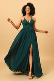 Chiffon Spaghetti Straps Pine Bridesmaid Dress with Slit