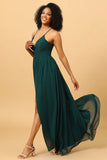 Chiffon Spaghetti Straps Pine Bridesmaid Dress with Slit