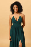 Chiffon Spaghetti Straps Pine Bridesmaid Dress with Slit