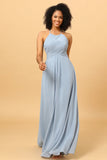 Dusty Blue Halter Long Chiffon Bridesmaid Dress with Ruffles