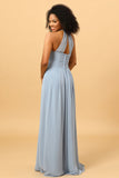 Dusty Blue Halter Long Chiffon Bridesmaid Dress with Ruffles