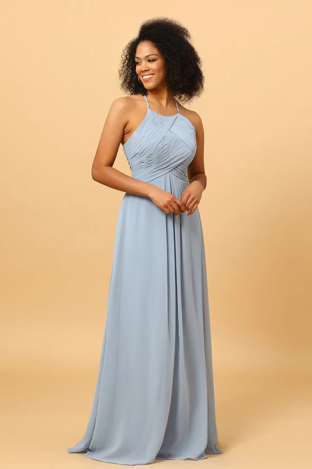 Dusty Blue Halter Long Chiffon Bridesmaid Dress with Ruffles