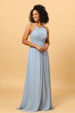 Dusty Blue Halter Long Chiffon Bridesmaid Dress with Ruffles