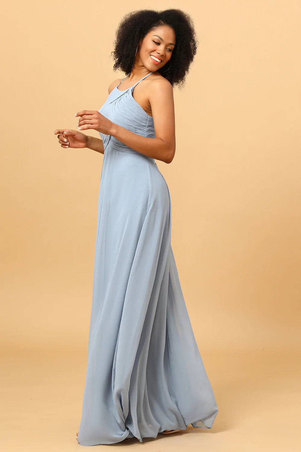 Dusty Blue Halter Long Chiffon Bridesmaid Dress with Ruffles