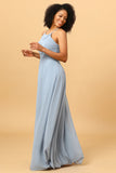 Dusty Blue Halter Long Chiffon Bridesmaid Dress with Ruffles