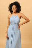 Dusty Blue Halter Long Chiffon Bridesmaid Dress with Ruffles