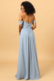 Dusty Blue Off Shoulder Chiffon Bridesmaid Dress with Slit