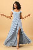 Dusty Blue Off Shoulder Chiffon Bridesmaid Dress with Slit