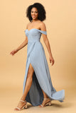 Dusty Blue Off Shoulder Chiffon Bridesmaid Dress with Slit