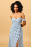 Dusty Blue Off Shoulder Chiffon Bridesmaid Dress with Slit