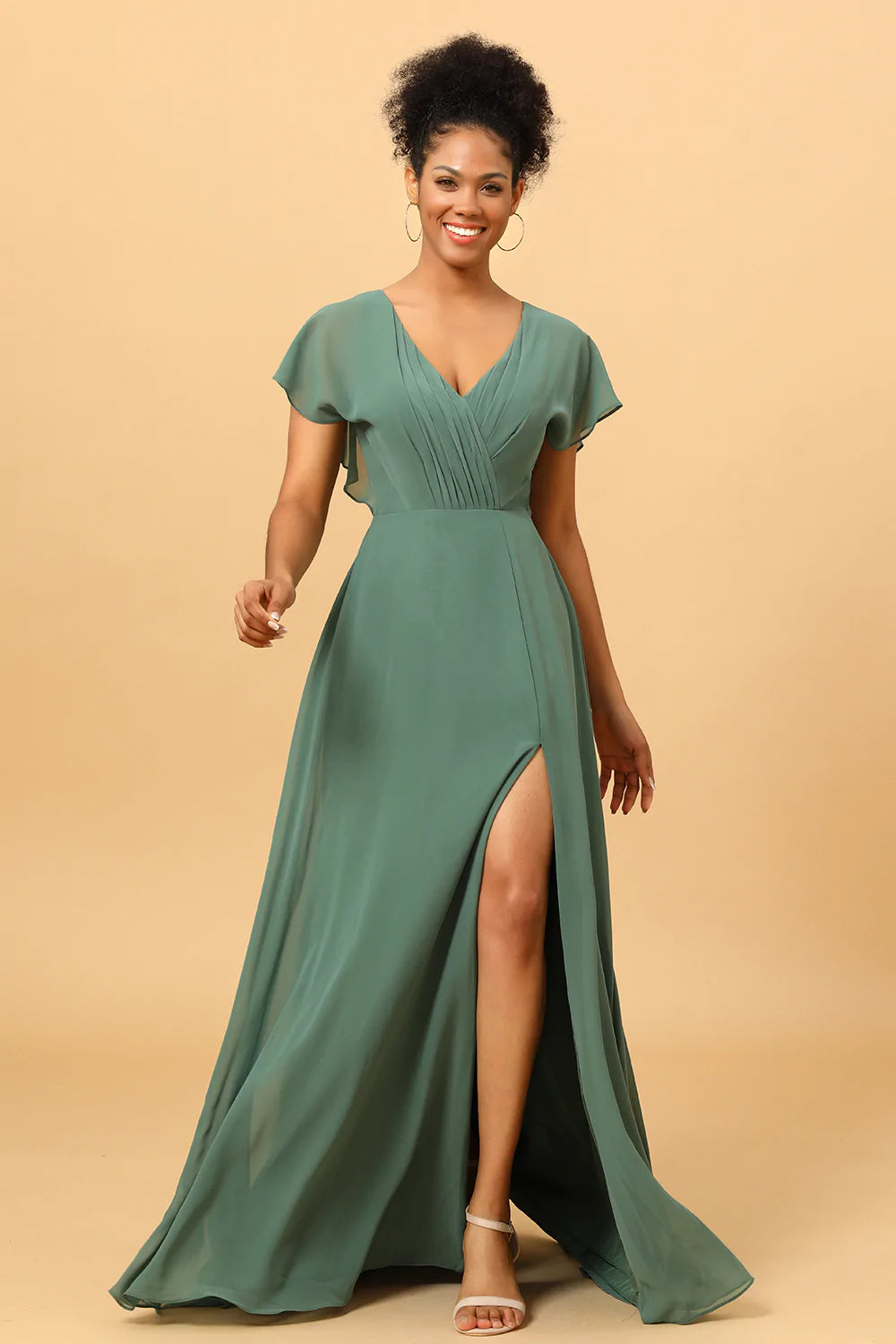 Eucalyptus A-line Long Chiffon Bridesmaid Dress with Slit