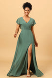 Eucalyptus A-line Long Chiffon Bridesmaid Dress with Slit