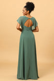 Eucalyptus A-line Long Chiffon Bridesmaid Dress with Slit
