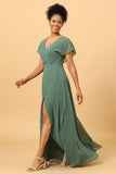 Eucalyptus A-line Long Chiffon Bridesmaid Dress with Slit