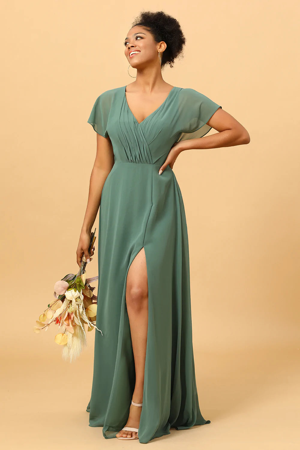 Eucalyptus A-line Long Chiffon Bridesmaid Dress with Slit