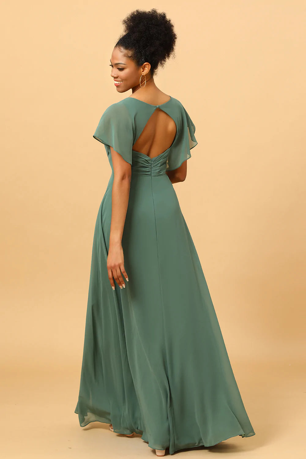 Eucalyptus A-line Long Chiffon Bridesmaid Dress with Slit