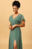 Eucalyptus A-line Long Chiffon Bridesmaid Dress with Slit