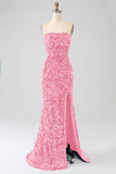 Pink Mermaid Strapless Sequins Long Ball Dress With Slit