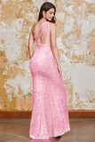 Glitter Black Mermaid One Shoulder Sequins Ball Dress With Slit