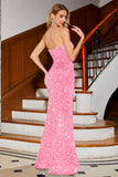 Sparkly Red Mermaid Strapless Sequins Long Ball Dress With Slit