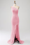 Sparkly Orange Mermaid One Shoulder Sequins Ball Dress with Slit