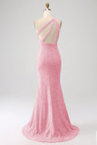 Sparkly Orange Mermaid One Shoulder Sequins Ball Dress with Slit