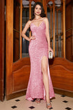 Sparkly Royal Blue Mermaid Spaghetti Straps V-Neck Sequin Long Ball Dress With Split