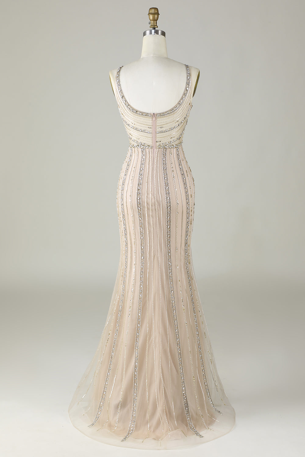 Sparkly Champagne Beaded Mermaid Long Ball Dress with Wrap